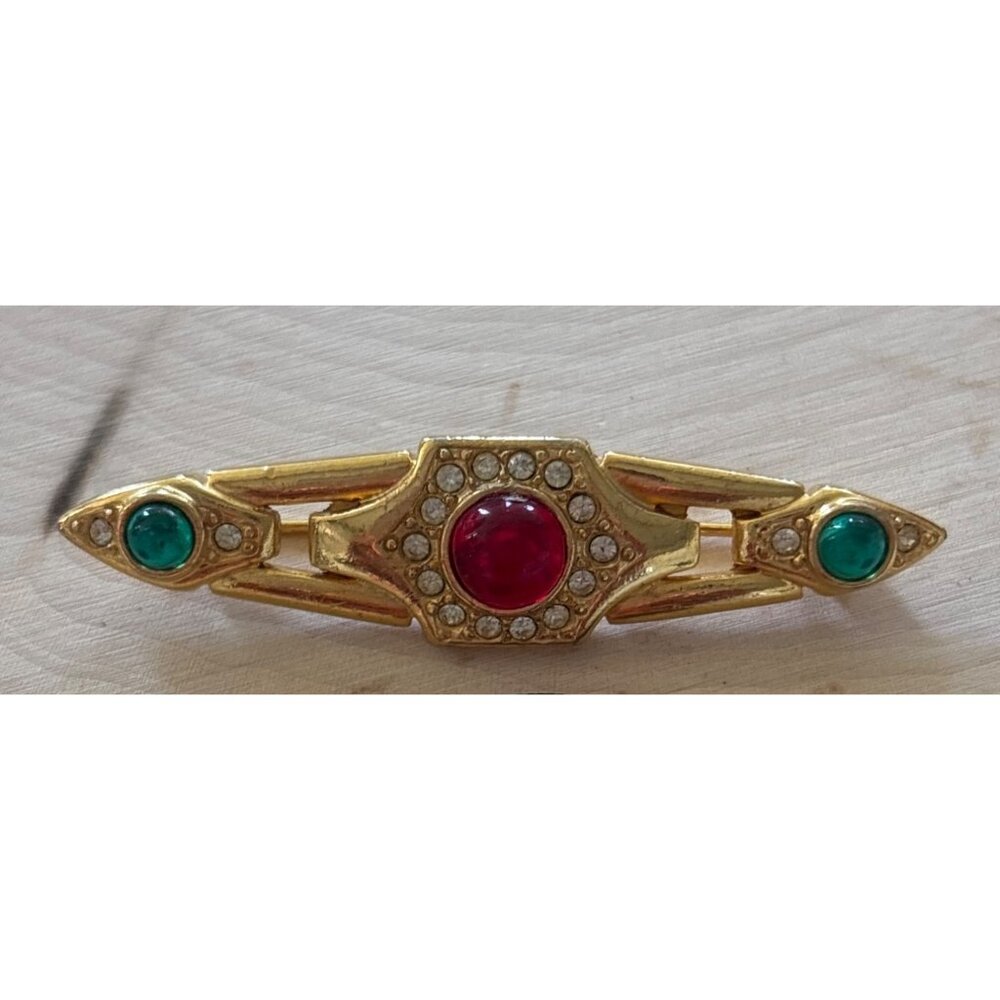 Vintage Deco Revival Bar Brooch – Red & Green Cabochons with Rhinestones